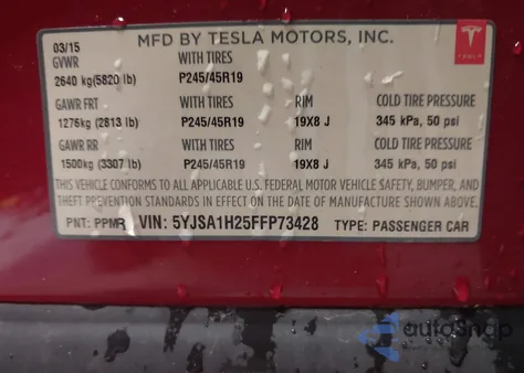 2015 Tesla Model S 70D/85D/P85D из США, поврежденный, VIN 5YJSA1H25FFP73428